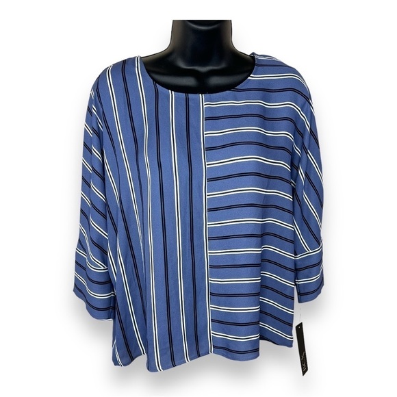 NEW Small BCX  Blue White Striped Blouse Roomy Fit NWT  Round Neckline - Picture 1 of 10
